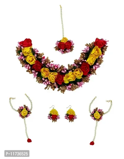 Anuradha Art Yellow-Red Colour Flower Necklace Set For Women|Necklace, Earrings & Maang Tika For Haldi & Mehandi|Baby Shower Necklace Combo Set-thumb0