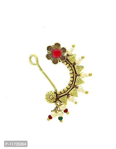 Anuradha Arts Floral Design Red Colour Gold Plated Marathi Clip On Nose Pin