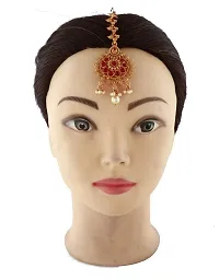 Anuradha art jewellery beautiful golden finish red color stones studded with pearl droplet maang tikka for woman-thumb1