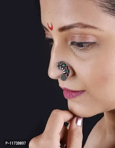 Anuradha Art Multi Colour Adorable Clip-On Nath | Pressing Nath, Oxidized Silver Nose Pin, Silver Nath for Women-thumb3