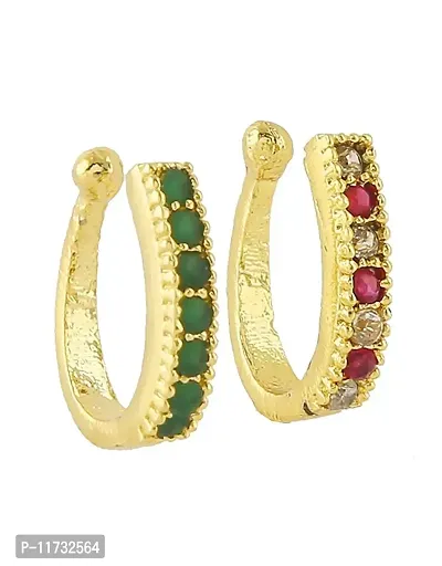 Anuradha Art Red-Green Colour Traditional Nose Pin|Pressing Nose Pin|Clip-On Nose Ring|Saniya Mirza Nose Pin { Pack of 2}-thumb0