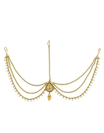 Anuradha Art Metal With Sparkling Stone Pearl Bead String Traditional Mang Tikka For Women