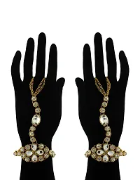 Anuradha Art Gold Finish Studded with White Stones and Golden String Traditional Hath-Phool/Hand Bracelets/Hand Kada for Women/Girls-thumb1