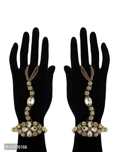 Anuradha Art Gold Finish Studded with White Stones and Golden String Traditional Hath-Phool/Hand Bracelets/Hand Kada for Women/Girls-thumb2