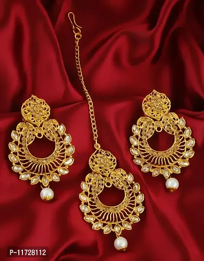 Anuradha Art Golden Colour Wonderful Designer Traditional Mang Tikka with Earrings Combo Pack for Women-thumb2