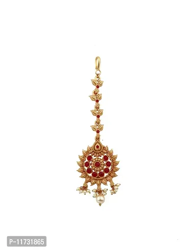 Anuradha art jewellery beautiful golden finish red color stones studded with pearl droplet maang tikka for woman