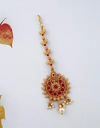 Anuradha art jewellery beautiful golden finish red color stones studded with pearl droplet maang tikka for woman-thumb2