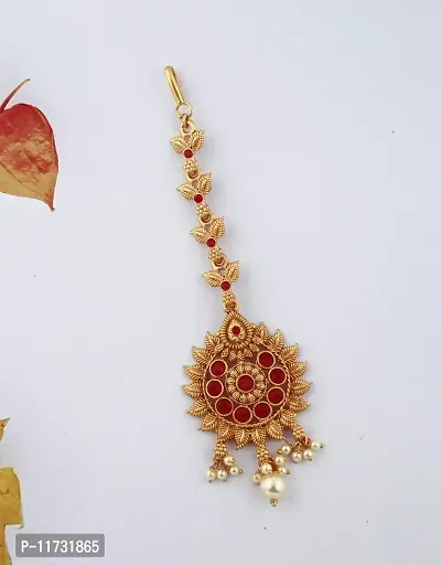 Anuradha art jewellery beautiful golden finish red color stones studded with pearl droplet maang tikka for woman-thumb3