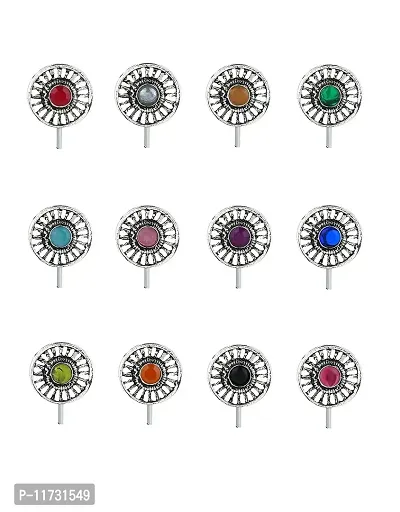 Anuradha Art Silver Oxidized Finish Round Shape Silver Nose Pin | Oxidized Combo Nose Ring, Clip-On Nose Pin, Press On Nose Pin For Women { Pack of 12}