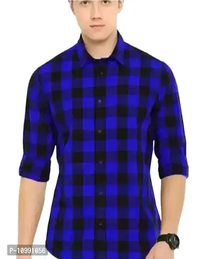 Blue Cotton Checked Casual Shirts For Men