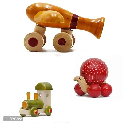 Stylish Fancy Premium Quality Classical Wooden Rail Steam Engine, Bomber Plane, Super Tortoise Pull Along Toys (Set Of 3) - Made In India - Durable And Colorful Toys For Endless Fun And Imaginative Play