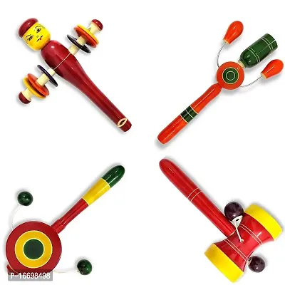 Stylish Fancy Premium Quality Handmade Combo Set Of 4 Rattles Theethers For Toddlers, New-Born, Infant Kids Roc-Toc Rattle - Damroo Rattle - Dug- Dugi Rattle - Whistle Man 2-In 1 Rattle-thumb0