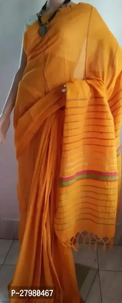 Traditional Orange Khadi Cotton Plain Cotton Saree With Strips For Women