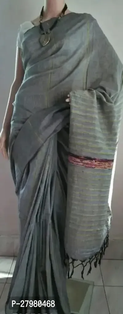 Traditional Grey Khadi Cotton Plain Cotton Saree With Strips For Women