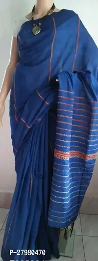 Traditional Blue Khadi Cotton Plain Cotton Saree With Strips For Women