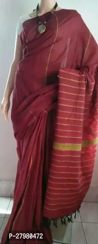 Traditional Maroon Khadi Cotton Plain Cotton Saree With Strips For Women