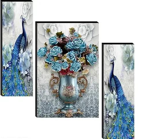 Blue Peacock and Flower Wall Painting set of 3