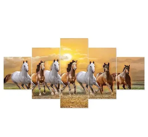 Chauhan Entreprises Set of Five Seven Running Horses Vastu Framed Wall Painting Scenery for Wall Decoration (75 X 43 CM) H6(Multicolor)