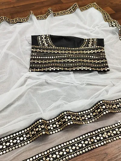 Net Mirror Work Lace Border Sarees With Blouse Piece