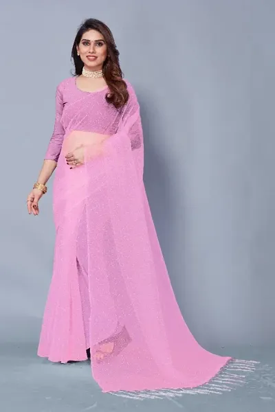 Elegant Net Solid Saree With Blouse Piece For Women