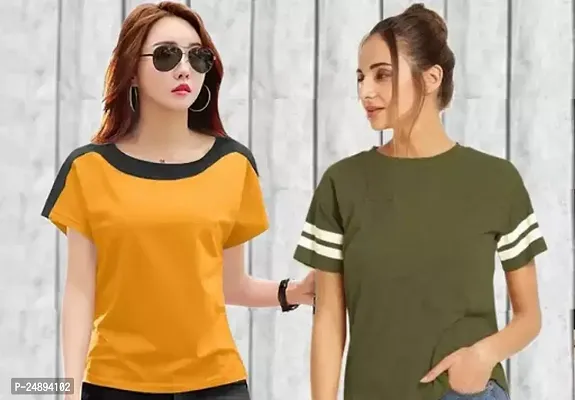 Elegant Multicoloured Cotton Blend Solid Tshirt For Women Pack Of 2