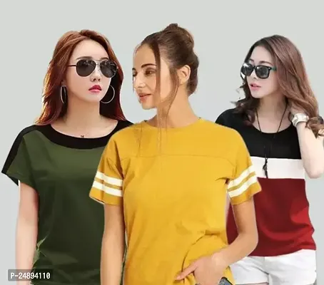 Elegant Multicoloured Cotton Blend Colourblocked Tshirt For Women Pack Of 3