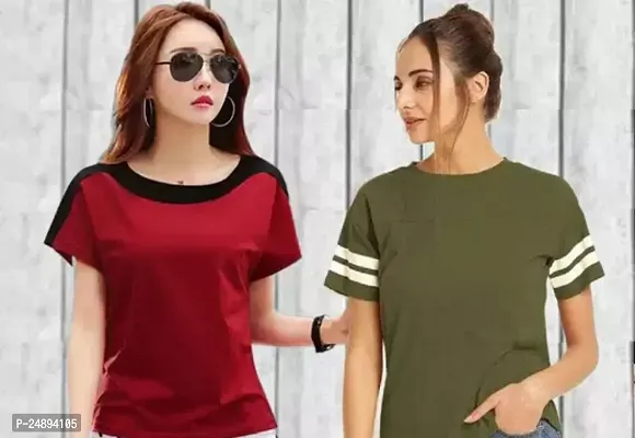 Elegant Multicoloured Cotton Blend Solid Tshirt For Women Pack Of 2