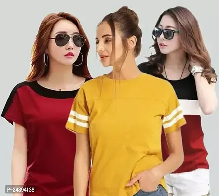 Elegant Multicoloured Cotton Blend Colourblocked Tshirt For Women Pack Of 3