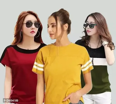 Elegant Multicoloured Cotton Blend Colourblocked Tshirt For Women Pack Of 3-thumb0