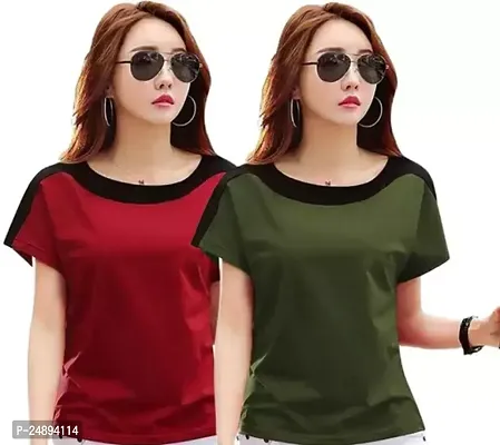 Elegant Multicoloured Cotton Blend Solid Tshirt For Women Pack Of 2