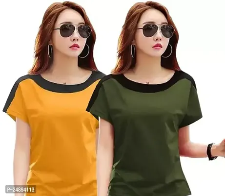 Elegant Multicoloured Cotton Blend Solid Tshirt For Women Pack Of 2