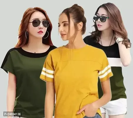 Elegant Multicoloured Cotton Blend Colourblocked Tshirt For Women Pack Of 3-thumb0