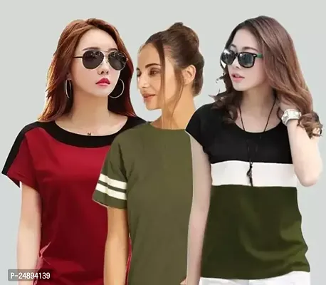 Elegant Multicoloured Cotton Blend Colourblocked Tshirt For Women Pack Of 3