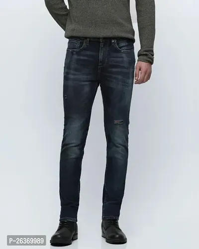 Stylish Navy Blue Denim Regular Fit Mid-Rise Jeans For Men-thumb0
