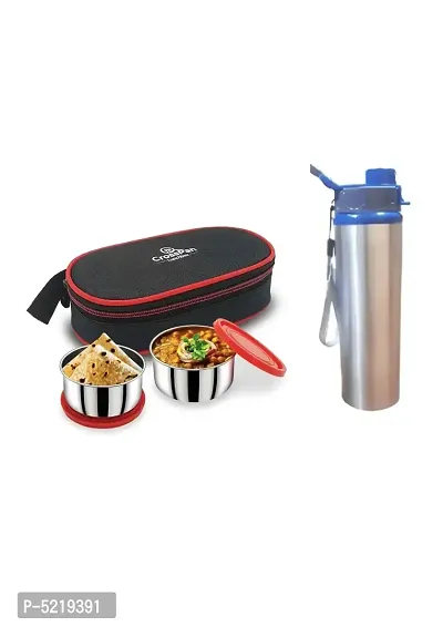 Stainless Steel Lunch Box 2 Containers Red Sleek Insulated Water Bottle 600Ml-thumb0