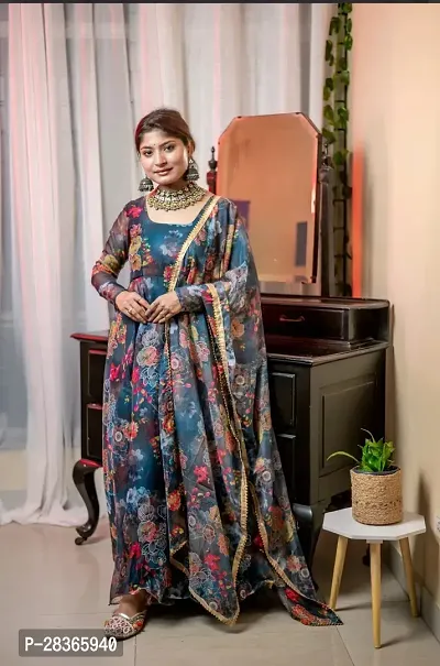 Stylish Multicoloured Georgette Printed Stitched Ethnic Gown With Dupatta For Women