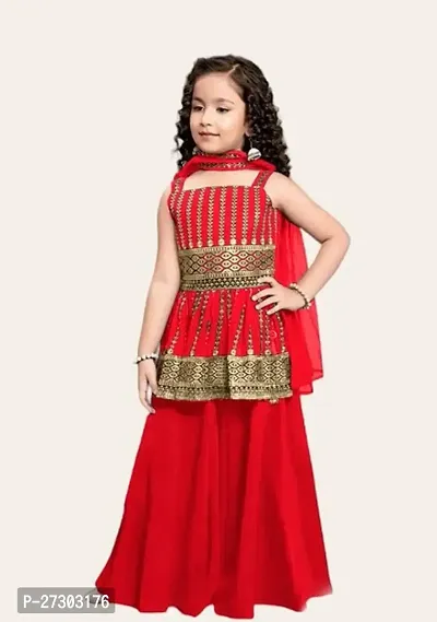 Beautiful Red Cotton Blend Checked Sarara Kurti Set For Girls-thumb0