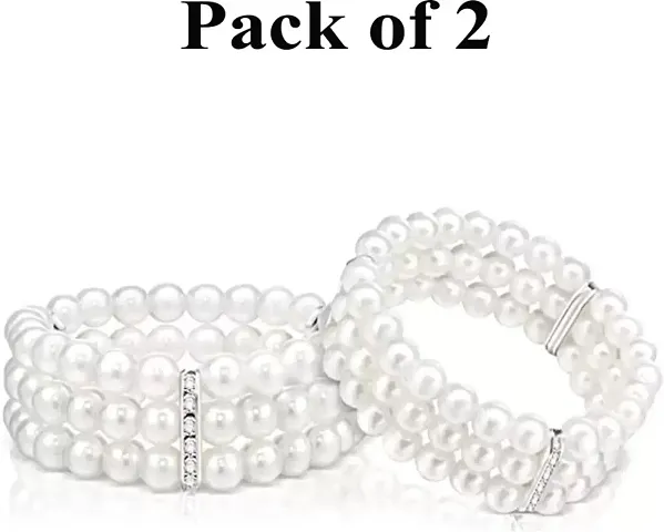 ADF - Bracelet 3-Row Pearl Stretch Bracelet Multilayer Pearl Elastic Bangle for Function / Wedding Jewelry (Pack Of Two).