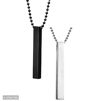 instaZONE Pure 316L Stainless Steel Stylish Silver  Black 3D Cuboid Vertical Bar Stick Locket Pendant Necklace Chain for Men and Boys (pack of 2)-thumb0