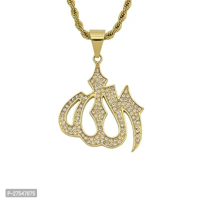 InstaZONE Almighty Allah God Muslim Islamic Big Symbol Gold Plated Brass Locket Pendant with 24inch Twist Rope Chain for Men's  Boys-thumb0