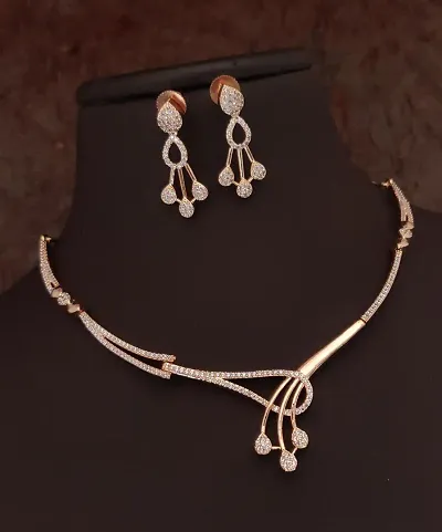 Sparkling American Diamond and Pearls Drops Rose Gold Plated Necklace Jewellery Set with Earrings