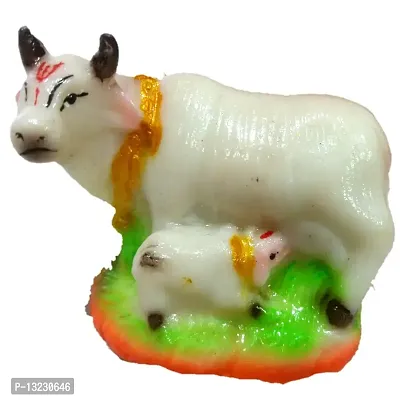 Templeshop Cow with Calf<br> Marble Dust Hand Painted Cow with Calf God Figure Showpiece Decor (3.5x2x2.5 Inches), White