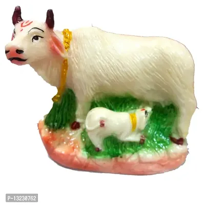 Templeshop Cow with Calf<br> Marble Dust Hand Painted Cow with Calf God Figure Showpiece Decor (6x2.5x4.5 Inches), White