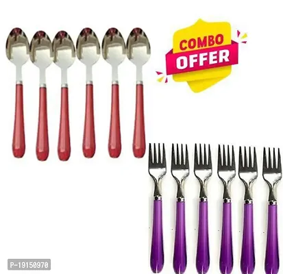 Spoons Sets Stainless Steel Medium Dinner/Table Spoon Set with Plastic Handle Set of 12 pcs (Multicolor) Color may vary-thumb0