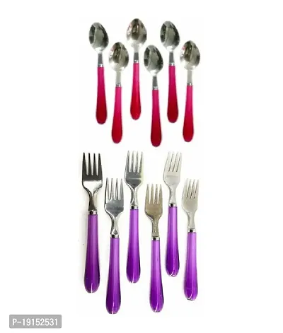 Spoons Sets Stainless Steel Medium Dinner/Table Spoon Set with Plastic Handle Set of 12 pcs (Multicolor) Color may vary-thumb0