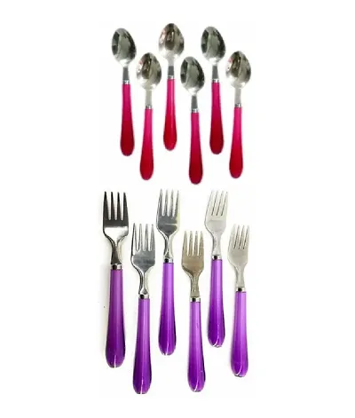 Spoons Sets Stainless Steel Medium Dinner/Table Spoon Set with Plastic Handle Set of 12 pcs (Multicolor) Color may vary