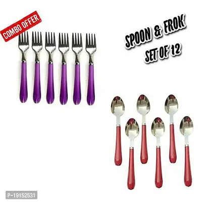 Spoons Sets Stainless Steel Medium Dinner/Table Spoon Set with Plastic Handle Set of 12 pcs (Multicolor) Color may vary-thumb2
