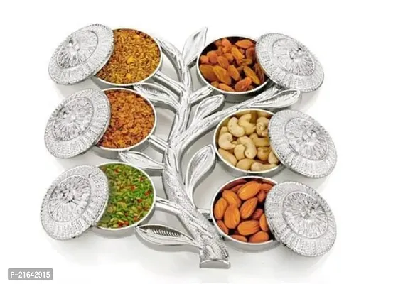 Multipurpose Tree Shape 6 Section Royal Design Silver Storage/Gift Box / Dry Fruits Box Pack Of 1-thumb0