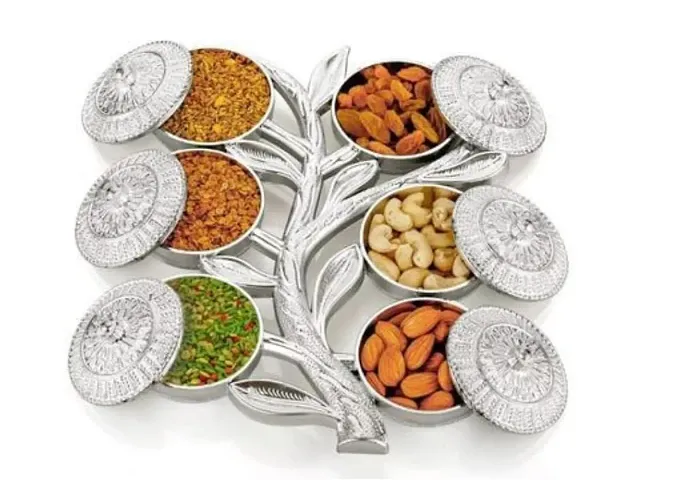 Multipurpose Tree Shape 6 Section Royal Design Silver Storage/Gift Box / Dry Fruits Box Pack Of 1