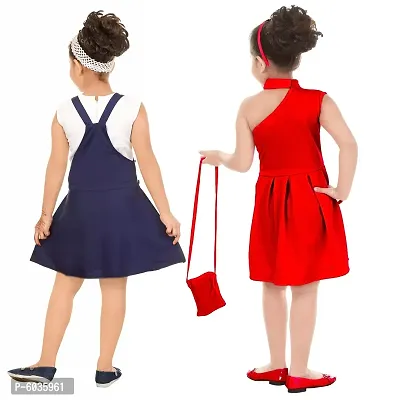 Stylish Cotton Blend Self Pattern Dresses For Girls (Pack Of 2, Navy Blue, Red)-thumb3